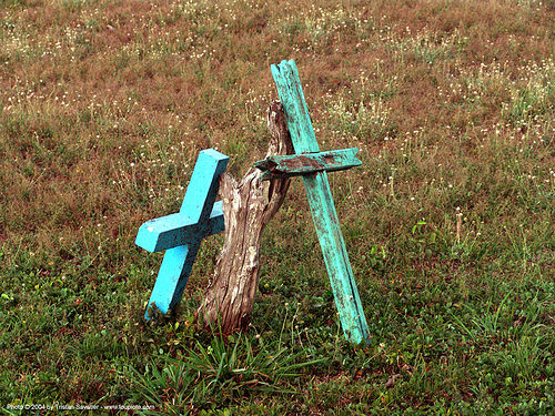 countryside cemetery - loose crosses, blue, cemetery, costa rica, crosses, graveyard