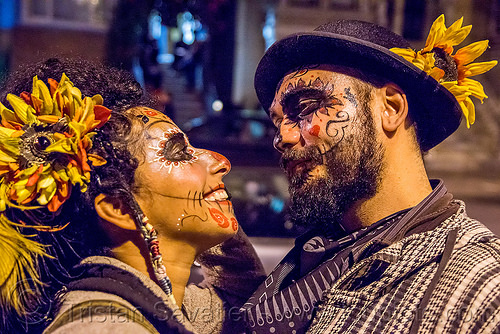 couple with sugar skull makeup - dia de los muertos, beard, day of the dead, dia de los muertos, face painting, facepaint, halloween, hat, man, night, sahar, sugar skull makeup, woman