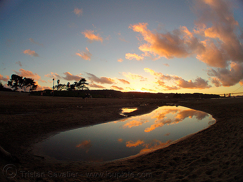 crissy field beach at sunset (san francisco), bay, clouds, crissy field, fisheye, ocean, sea, sunset