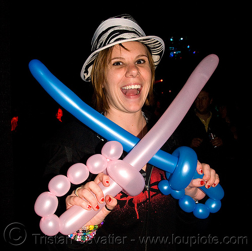 cross swords - nye 2009 party at somarts (san francisco), clown balloons, cross swords, hat, new year's eve, sabres, woman