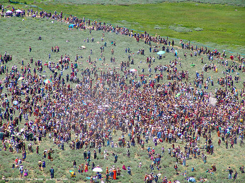 crowd in peace circle - rainbow gathering - hippie, aerial photo, crowd, hippie, peace circle