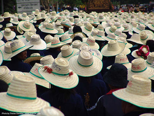 crowd with straw hats - festival near sukhothai (thailand), crowd, straw hats, sukhothai