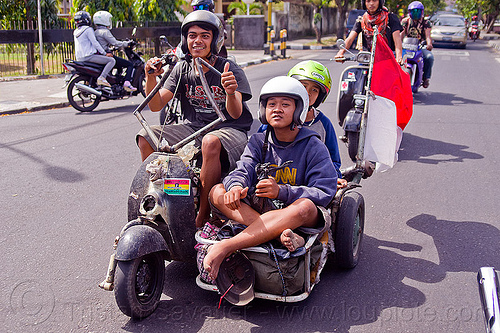 customized vespa sidecar, extreme vespa, indonesian flag, motorbike helmets, motorcycle helmets, rider, riding, scooter, scrooter, sidecar, teenagers, teens, yougster, youngsters