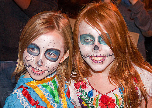 cute little girls with sugar skull makeup - redhead, children, colorful, day of the dead, dia de los muertos, face painting, facepaint, girls, halloween, kids, little girl, night, redhead, sugar skull makeup
