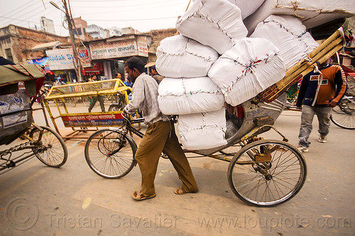 cycle rickshaw carrying large sacks (india), bags, big, cargo, carrying, cycle rickshaw, freight, large, man, sacks, varanasi