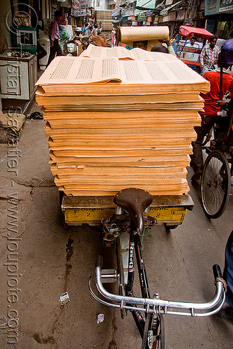 cycle rickshaw loaded with sheets of printed paper (india), delhi, jayyed press, print shop, printed paper, printed sheets, printing shop, tibetan prayers