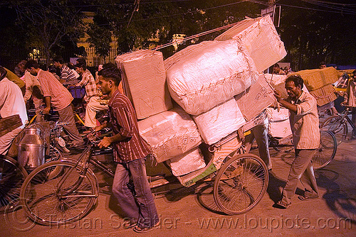 cycle rickshaw with heavy load of freight - delhi (india), cycle rickshaw, delhi, freight, load bearer, men, moving, night, trike, wallahs