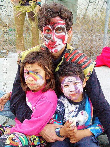 dad and kids with face paint - burning man decompression, child, dad, face painting, facepaint, kids, makeup