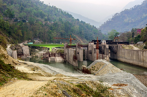 dam construction on teesta river - lanco hydro power project - sikkim (india), bridge, concrete, construction, crane, dam, hydro-electric, sikkim, teesta river, tista, valley
