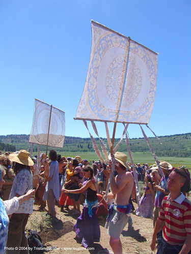 dancers-in-main-circle - rainbow gathering - hippie, banners, crowd, hippie