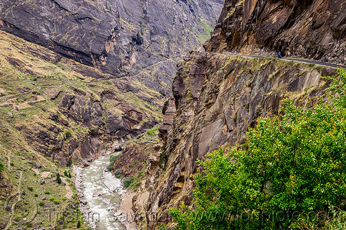 dangerous mountain road on vertical cliff (india), cliff, dhauliganga river, dhauliganga valley, motorcycle touring, mountain river, mountains, road, rock
