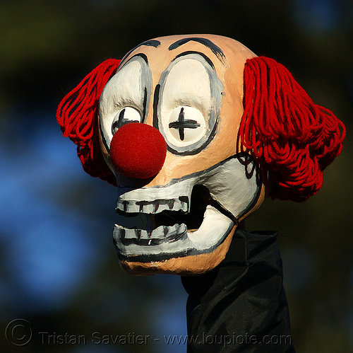 dead clown mask (san francisco), dead clown, head, mask, puppet