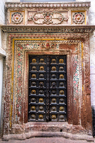decorated door of old house (india), architecture, building, closed, decorated, decoration, door, gate, hostel, house, moldings, old, painted, painting, varanasi
