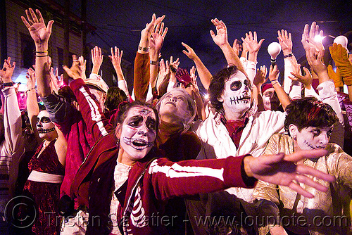 dia de los muertos - halloween (san francisco), day of the dead, dia de los muertos, face painting, facepaint, halloween, hands up, makeup, night, raised hands