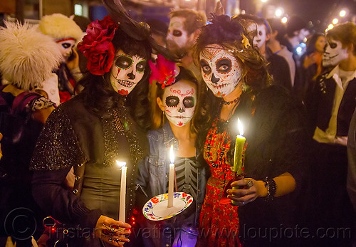 dia de los muertos procession (san francisco), candles, child, crowd, day of the dead, dia de los muertos, face painting, facepaint, halloween, kid, little girl, night, sugar skull makeup, women