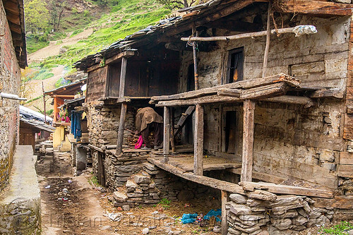 dilapidated house in himalayan village (india), house, janki chatti, man, village