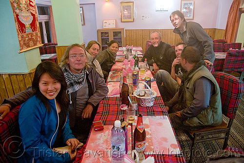 dinner in keylong - manali to leh road (india), ben, christoph, grace liew, keylong, ladakh, restaurant, woman
