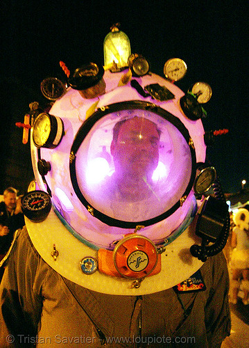 diving helmet costume - burning man decompression 2007, bruce, diving helmet, gauges, man, night, scuba