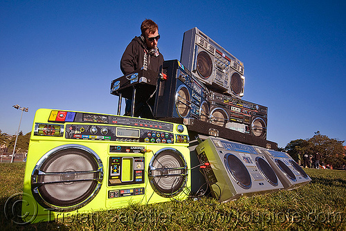 dj playing music with boomboxes, boomboxes, dj, ghettoblasters, lasonic, man, radio, stereo