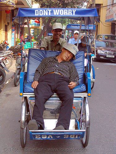 don't worry! - cyclo - cycle rickshaw - vietnam, cycle rickshaw, cyclo pousse, don't worry, hanoi, men, napping, sleeping, tired, trike