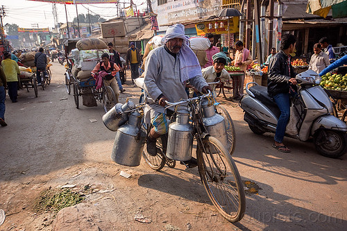 doodh-wallah on bicycle - milkman (india), bicycle, bike, carrying, doodh-wallah, load bearer, metal milk containers, milk man, riding, street market, transporting, transpoting, varanasi