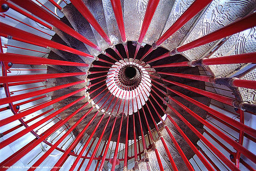 double-helix spiral stairs, circular stairs, ljubljana castle, red, spiral stairs, stairwell, vanishing point