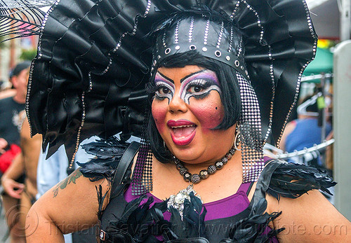 drag queen - holy mcgrail, bio drag-queen, bio queen, black feathers, faux queen, headdress, holy mcgrail, make-up, purple, woman