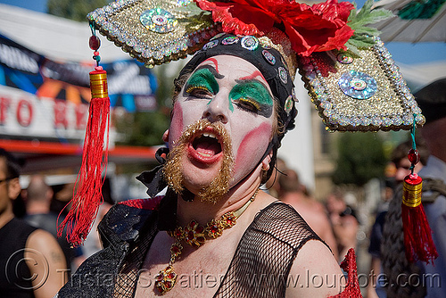 drag queen with chinese hat - dore alley fair (san francisco), chinese hat, drag queen, makeup, man