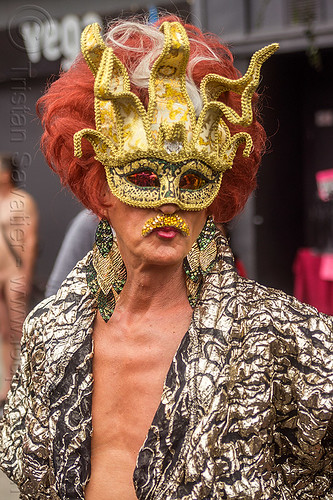 drag queen with golden carnival mask, carnival mask, drag queen, earrings, man, masked, red hair, redhead, wig