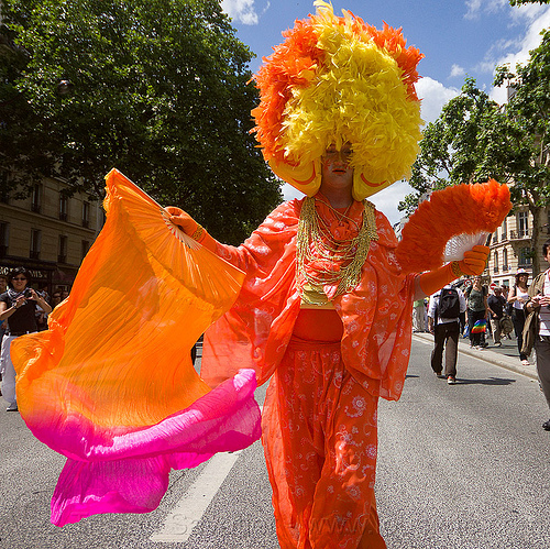 drag queen with orange color costume, colorful, costume, drag queen, gay pride, man, orange color