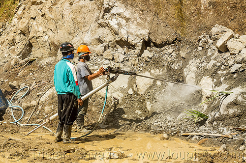 drilling and blasting - road construction (philippines), banaue, drilling and blasting, groundwork, jackhammer, pneumatic drill, road construction, road work, roadworks, rock, workers, working