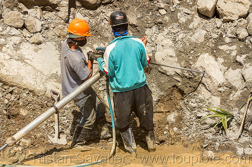 drilling and blasting - road construction (philippines), banaue, drilling and blasting, groundwork, jackhammer, pneumatic drill, road construction, road work, roadworks, rock, workers, working