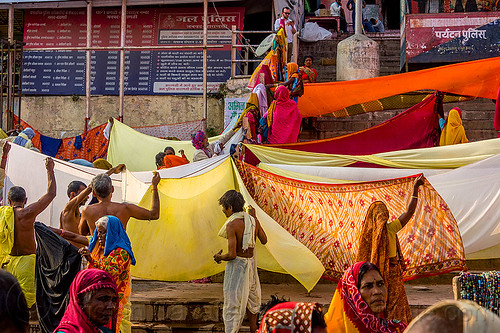 drying saris after holy bath - varanasi (india), cloth line, drying, ghats, hanging, hindu, hinduism, indian women, men, sarees, saris, varanasi, wind