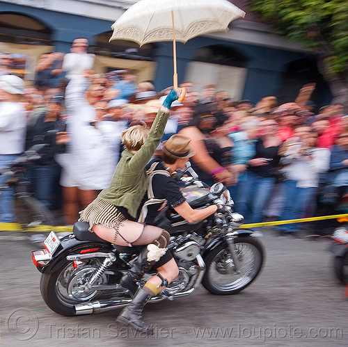 dykes on bike with umbrella, dykes on bikes, gay pride festival, harley davidson, motorcycle, rider, riding, umbrella, woman