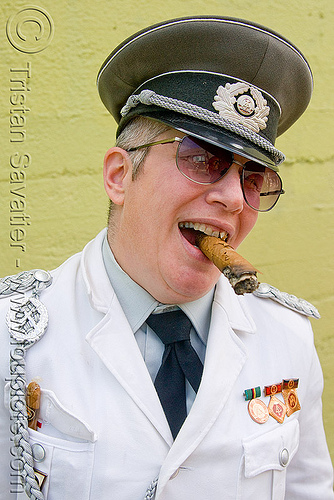 east german army officer costume, army, cigar, east german, military cap, military hat, officer, smoking, sunglasses, uniform, woman