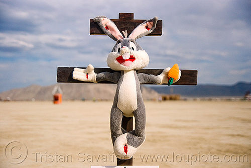 easter bunny on cross, animal cruelty, art installation, blasphemous, blasphemy, bugs bunny, carrot, christian cross, corpus, crucified, crucifix, jesus christ, nailed, plush, stuffed animal, stuffed bunny, stuffed rabbit