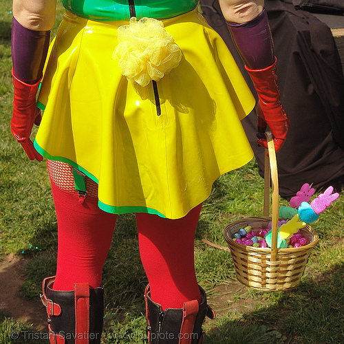easter sunday in dolores park, san francisco, easter, latex bodysuit, red, yellow