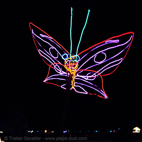 el-wire butterfly - burning man 2006, burning man at night, el-wire, electroluminescent wire, glowing