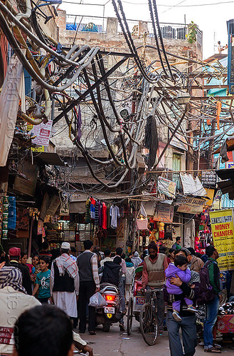electric power lines and wiring in street (india), crowd, delhi, electric, electricity, high voltage, power lines, tangled, wires, wiring