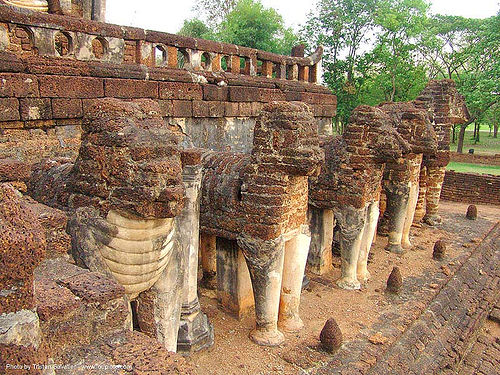 elephant sculptures - วัดช้างล้อม - wat chang lom - อุทยานประวัติศาสตร์ศรีสัชนาลัย - si satchanalai chaliang historical park, near sukhothai - thailand, bricks, elephants, ruins, sculptures, stone elephant, temple, wat chang lom, วัดช้างล้อม, อุทยานประวัติศาสตร์ศรีสัชนาลัย