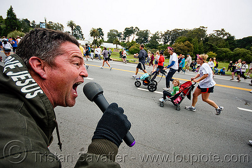 evangelist - religious fanatic, bay to breakers, footrace, man, microphone, mike, preacher, religious fanatic, runners, street party, strollers