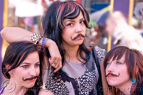 false moustache girls, fake moustaches, fake mustaches, false moustaches, false mustaches, haight street fair, mustache, sarah, women