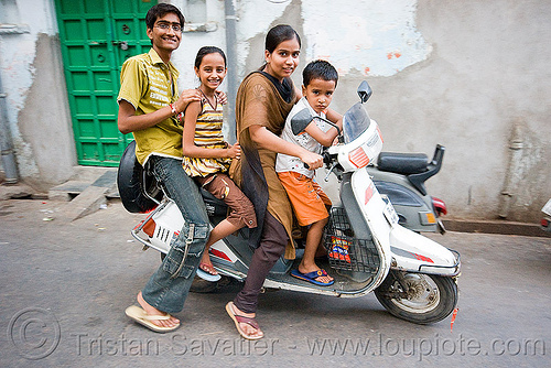 family riding motor scooter (india), boy, children, family, girl, kids, man, motorcycle, riders, riding, scooter, udaipur, woman