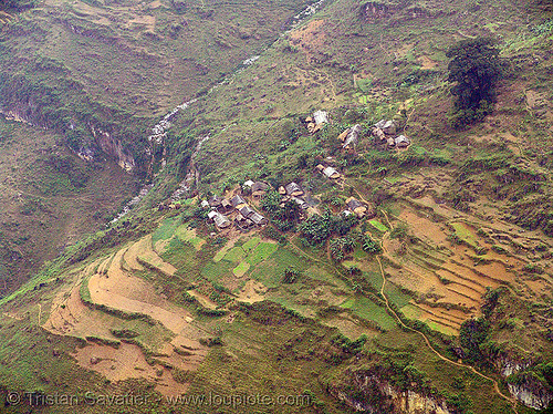 farms on a hillside - vietnam, farms, fields, hillside, landscape, mountains, rugged, steep, stream