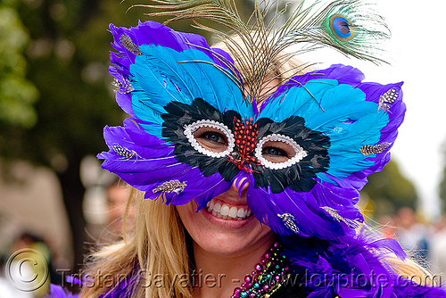 feather mardi gras mask, bay to breakers, blue, carnival mask, footrace, mardi gras mask, masquerade mask, peacock feathers, street party, woman