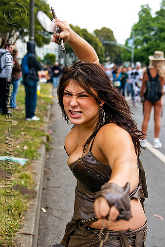 female warrior - sword - leather outfit, bay to breakers, footrace, street party, sword, warrior, woman