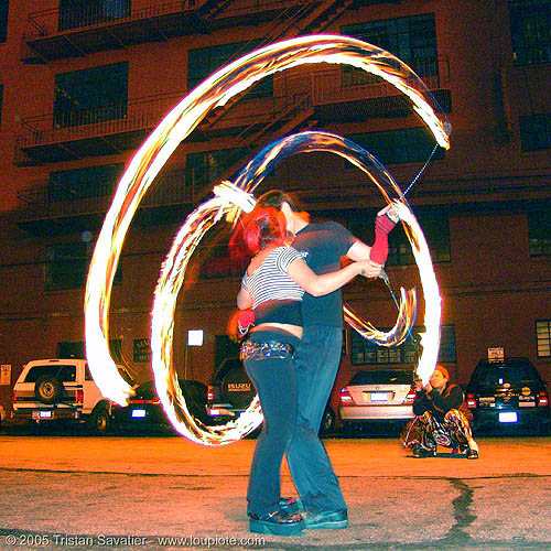 fiery kiss with bridget - lsd fuego - fire dancers, bridget h, fire dancer, fire dancing, fire performer, fire poi, fire spinning, kiss, love, night, spinning fire