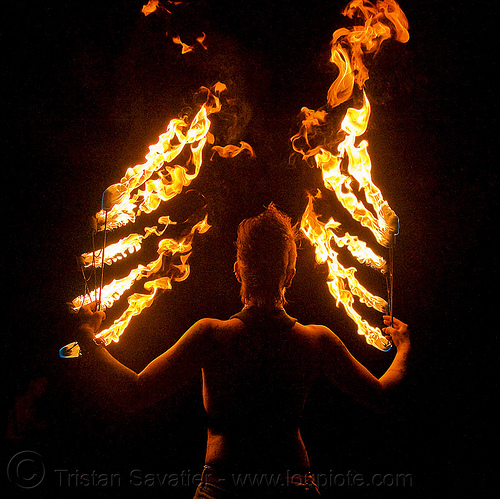 fire angel - leah with fire fans (san francisco) - fire dancer, angel wings, backlight, fire angel, fire dancer, fire dancing, fire fans, fire performer, fire spinning, leah, night, spinning fire, tattooed, tattoos, woman