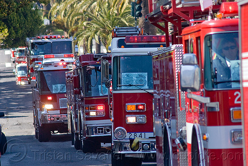 fire engines procession, fire department, fire engines, fire trucks, sffd