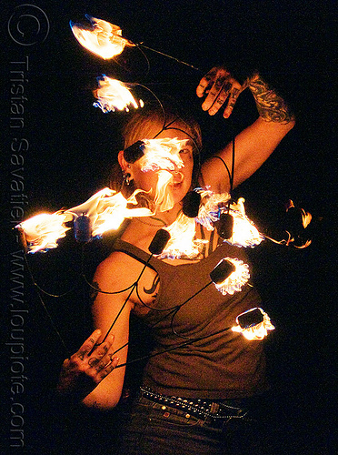 fire fans - leah, fire dancer, fire dancing, fire fans, fire performer, fire spinning, leah, night, tattooed, tattoos, woman